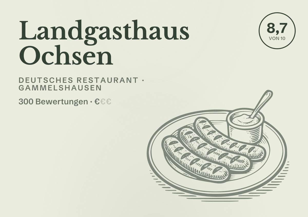 Illustriertes Poster von Landgasthaus Ochsen, Deutsches Restaurant in Gammelshausen: Bewertung 8,7 von 10 aus 300 Bewertungen, Preisniveau €