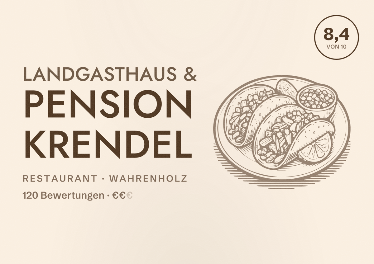 Illustriertes Poster von Landgasthaus & Pension Krendel, Restaurant in Wahrenholz: Bewertung 8,4 von 10 aus 120 Bewertungen, Preisniveau €€