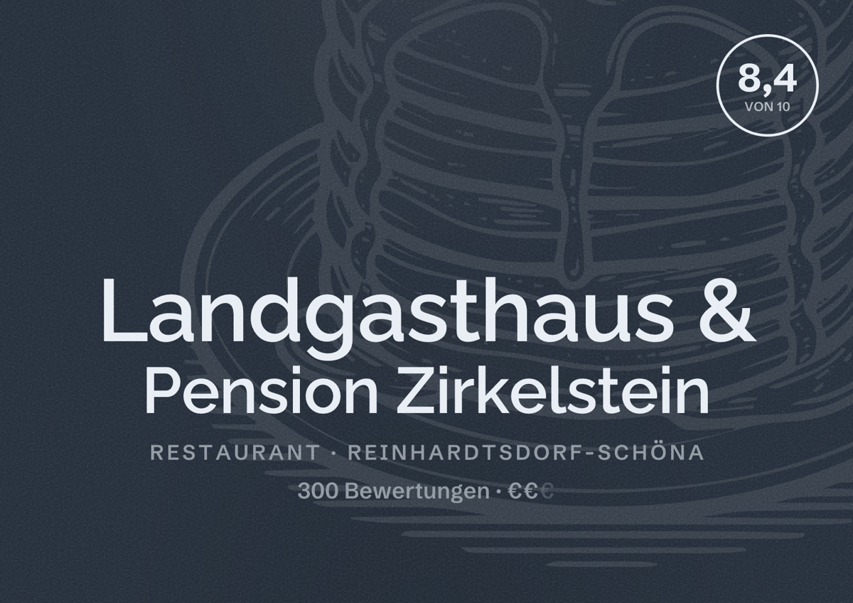 Illustriertes Poster von Landgasthaus & Pension Zirkelstein, Restaurant in Reinhardtsdorf-Schöna: Bewertung 8,4 von 10 aus 300 Bewertungen, Preisniveau €€