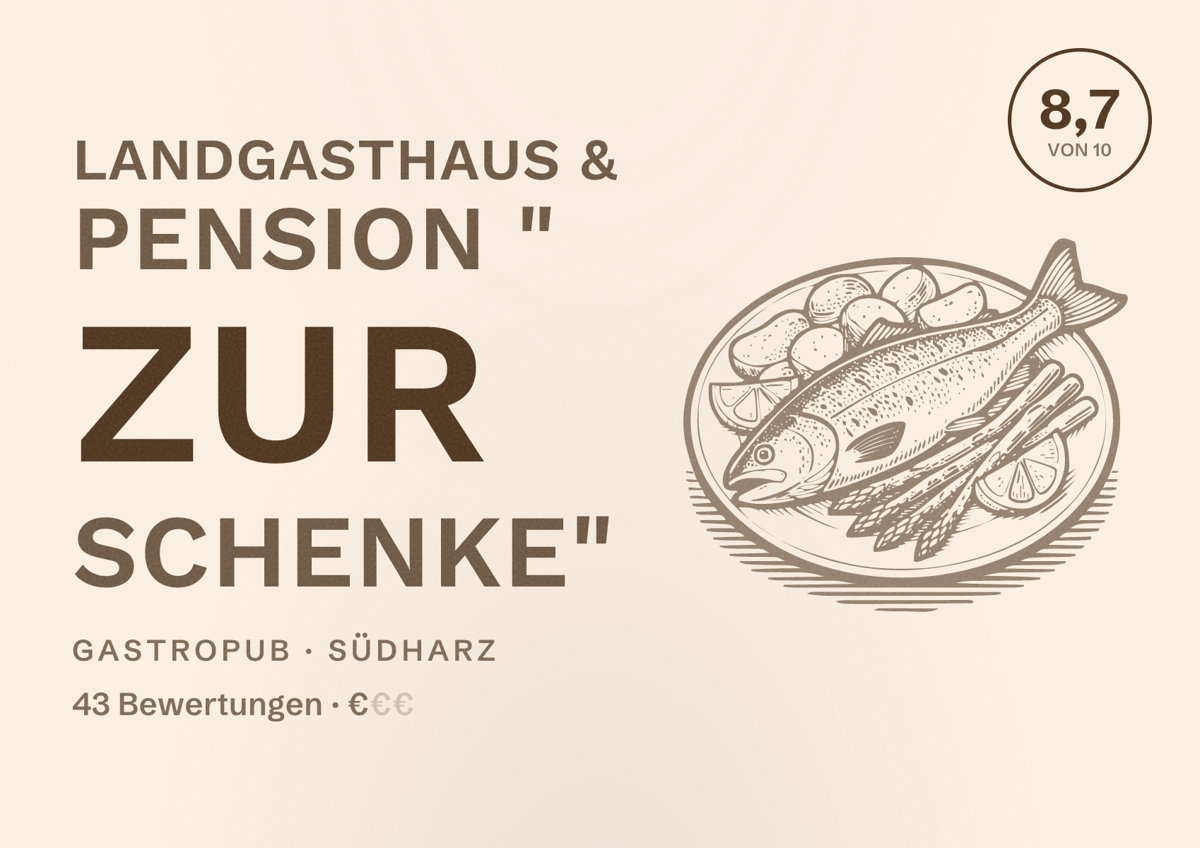 Illustriertes Poster von Landgasthaus & Pension " Zur Schenke", Gastropub in Südharz: Bewertung 8,7 von 10 aus 43 Bewertungen, Preisniveau €