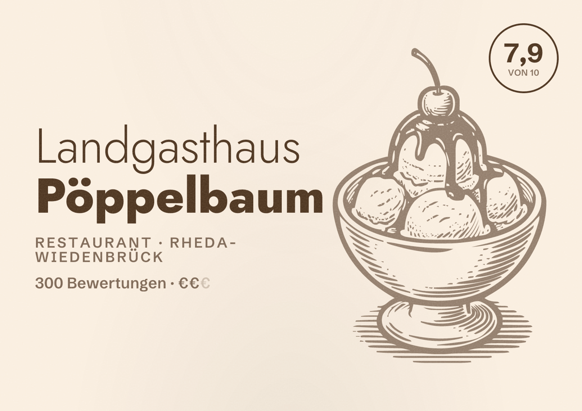 Illustriertes Poster von Landgasthaus Pöppelbaum, Restaurant in Rheda-Wiedenbrück: Bewertung 7,9 von 10 aus 300 Bewertungen, Preisniveau €€
