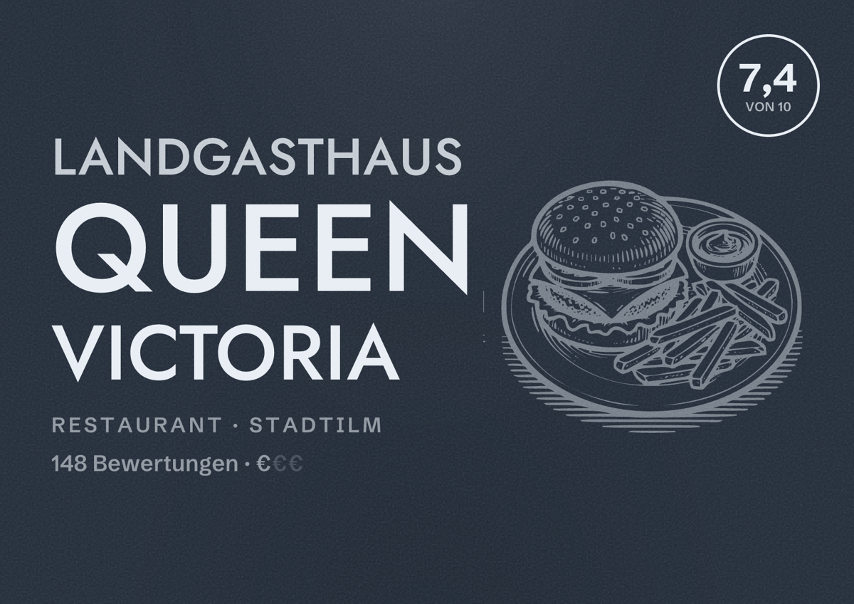 Illustriertes Poster von Landgasthaus Queen Victoria, Restaurant in Stadtilm: Bewertung 7,4 von 10 aus 148 Bewertungen, Preisniveau €