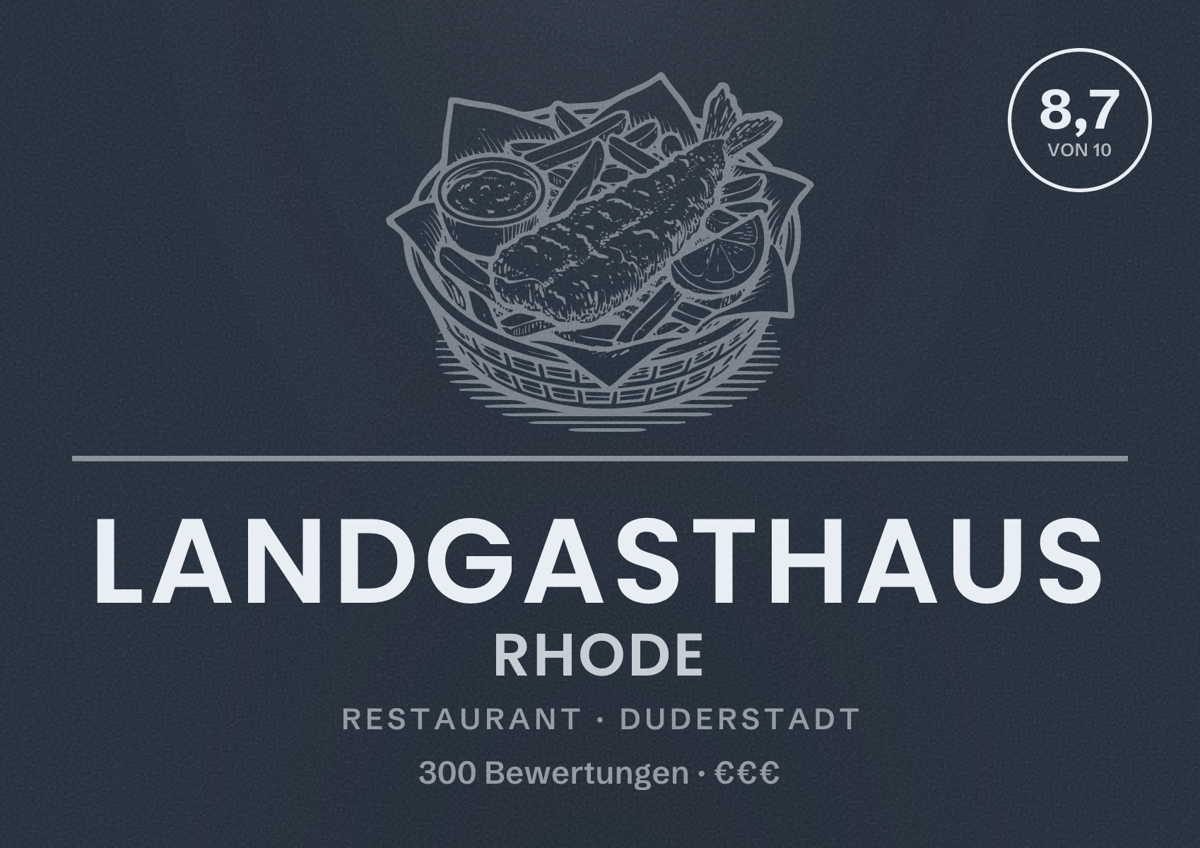 Illustriertes Poster von Landgasthaus Rhode, Restaurant in Duderstadt: Bewertung 8,7 von 10 aus 300 Bewertungen, Preisniveau €€€