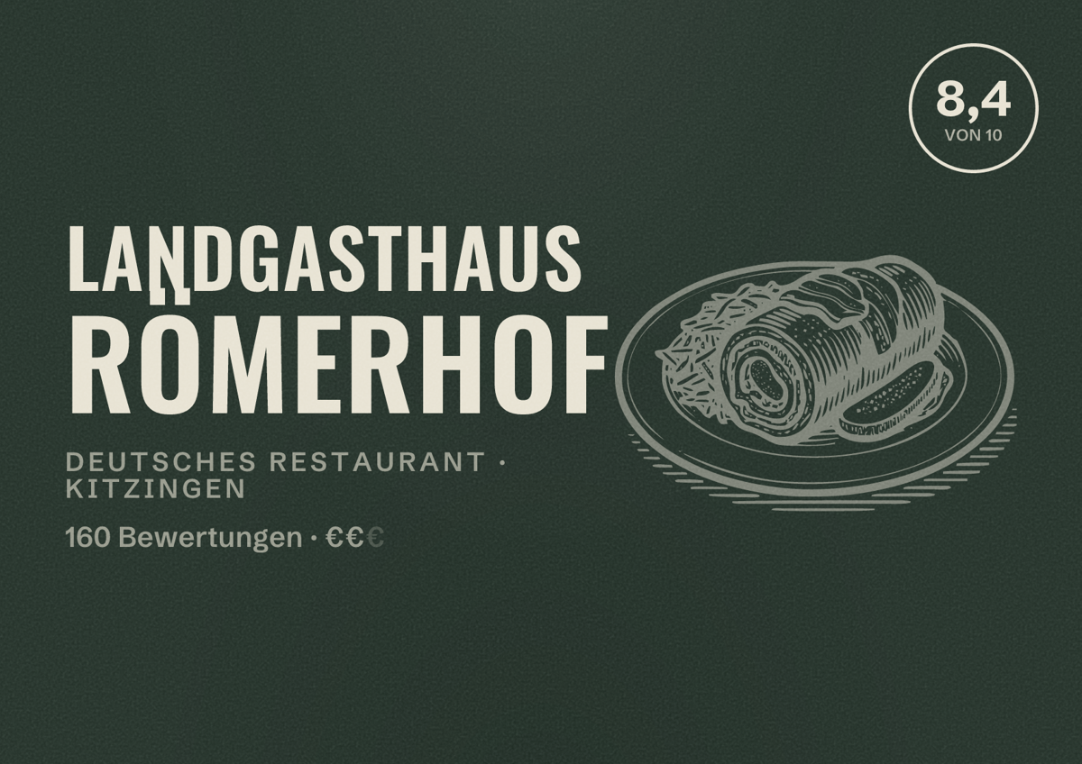 Illustriertes Poster von Landgasthaus Römerhof, Deutsches Restaurant in Kitzingen: Bewertung 8,4 von 10 aus 160 Bewertungen, Preisniveau €€