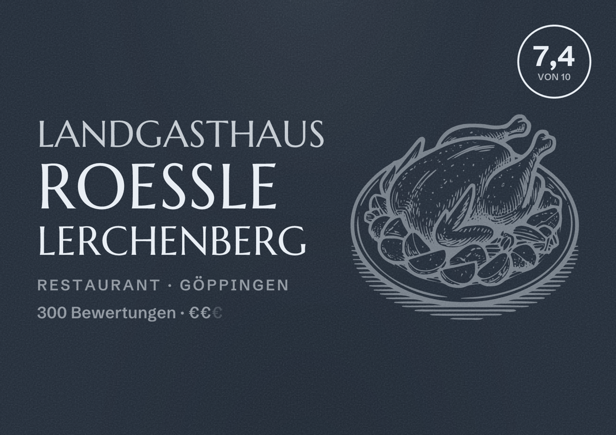 Illustriertes Poster von Landgasthaus Roessle Lerchenberg, Restaurant in Göppingen: Bewertung 7,4 von 10 aus 300 Bewertungen, Preisniveau €€