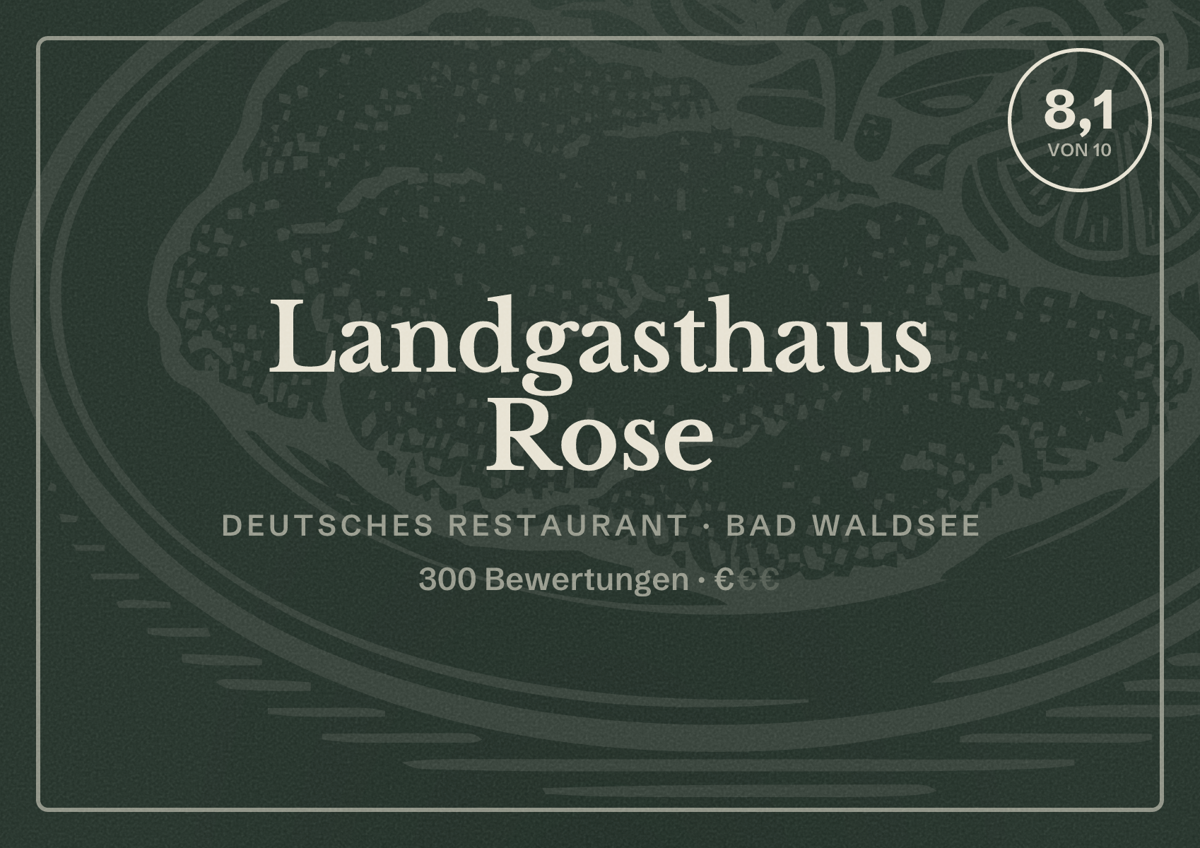 Illustriertes Poster von Landgasthaus Rose, Deutsches Restaurant in Bad Waldsee: Bewertung 8,1 von 10 aus 300 Bewertungen, Preisniveau €