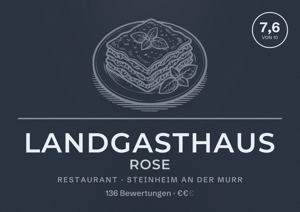 Illustriertes Poster von Landgasthaus Rose, Restaurant in Steinheim an der Murr: Bewertung 7,6 von 10 aus 136 Bewertungen, Preisniveau €€