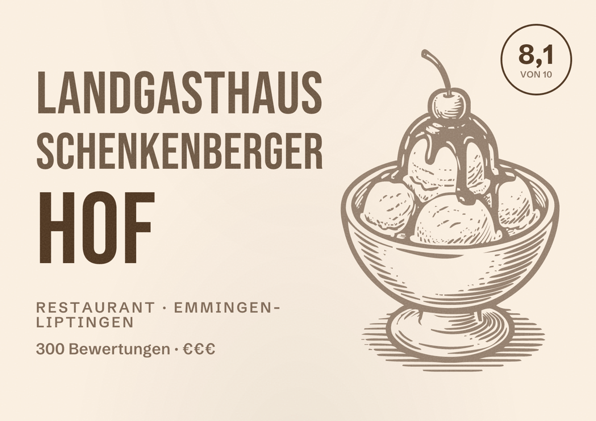 Illustriertes Poster von Landgasthaus Schenkenberger Hof, Restaurant in Emmingen-Liptingen: Bewertung 8,1 von 10 aus 300 Bewertungen, Preisniveau €€€
