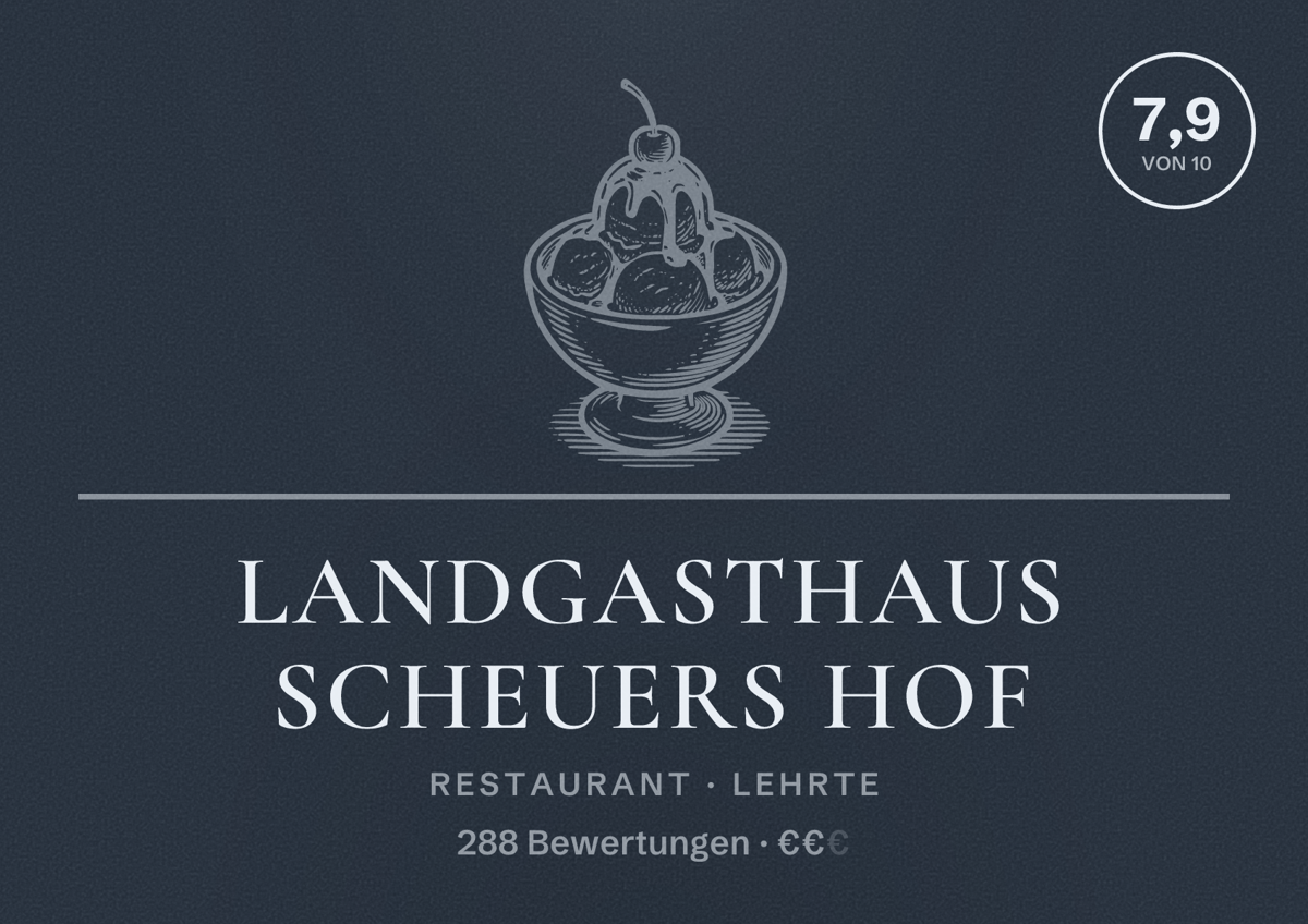 Illustriertes Poster von Landgasthaus Scheuers Hof, Restaurant in Lehrte: Bewertung 7,9 von 10 aus 288 Bewertungen, Preisniveau €€