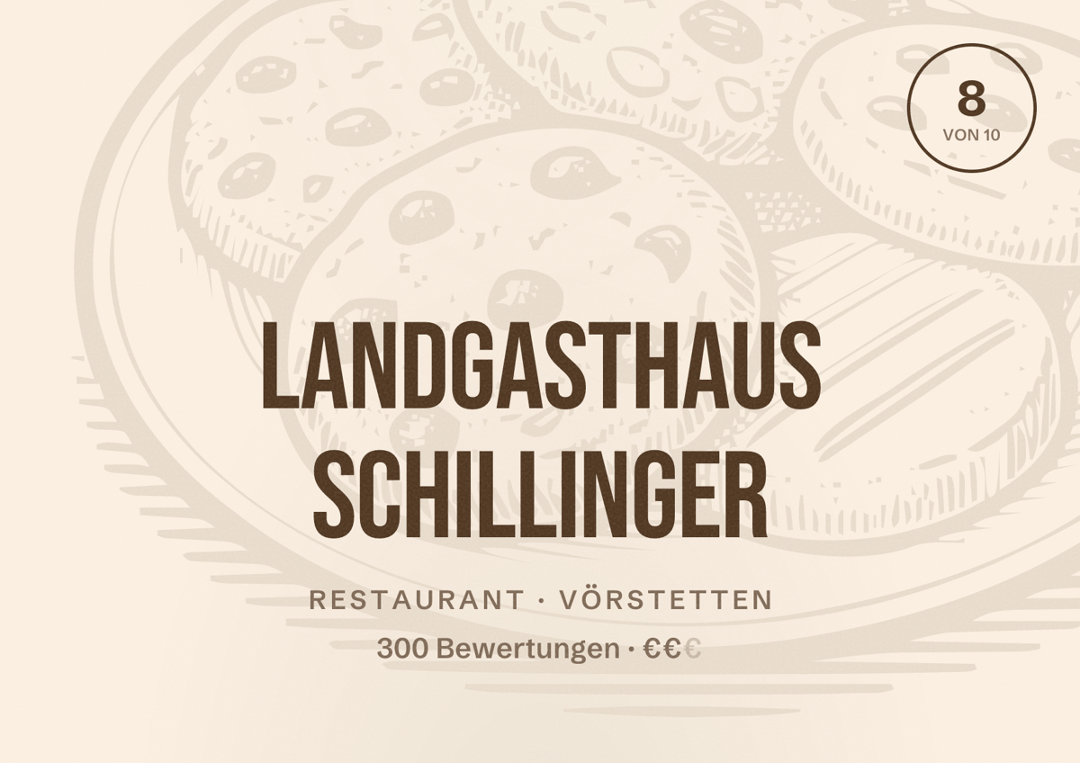 Illustriertes Poster von Landgasthaus Schillinger, Restaurant in Vörstetten: Bewertung 8 von 10 aus 300 Bewertungen, Preisniveau €€
