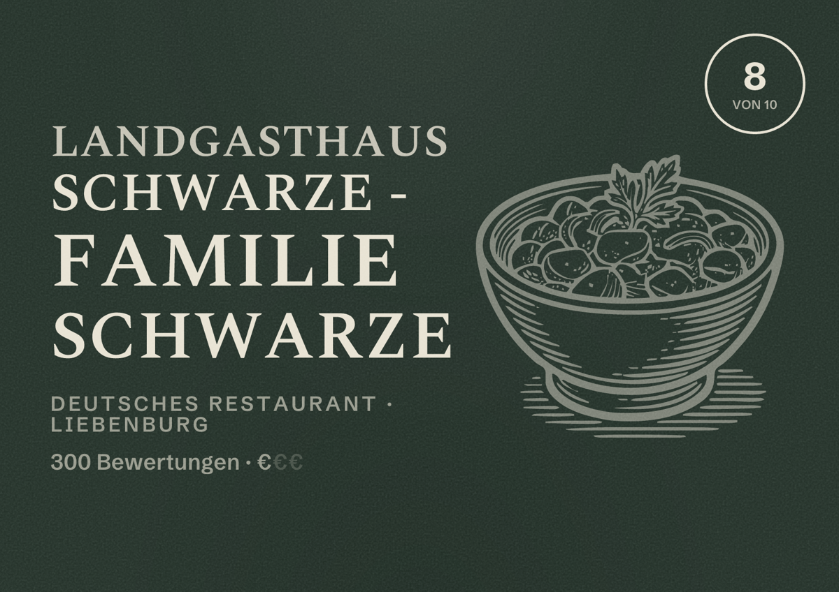 Illustriertes Poster von Landgasthaus Schwarze - Familie Schwarze, Deutsches Restaurant in Liebenburg: Bewertung 8 von 10 aus 300 Bewertungen, Preisniveau €