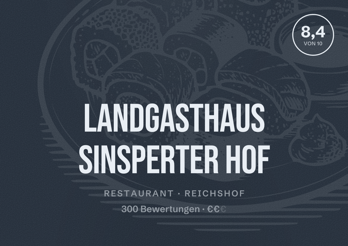 Illustriertes Poster von Landgasthaus Sinsperter Hof, Restaurant in Reichshof: Bewertung 8,4 von 10 aus 300 Bewertungen, Preisniveau €€