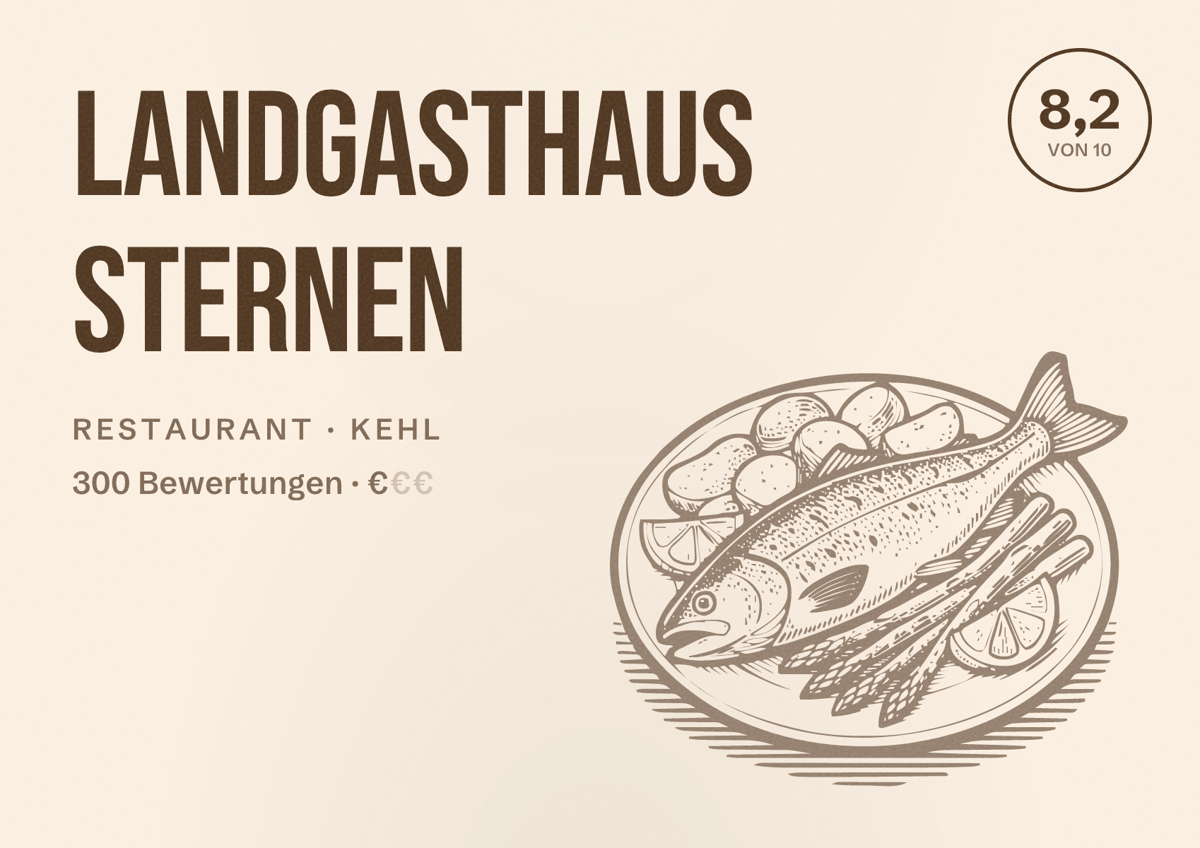 Illustriertes Poster von Landgasthaus Sternen, Restaurant in Kehl: Bewertung 8,2 von 10 aus 300 Bewertungen, Preisniveau €