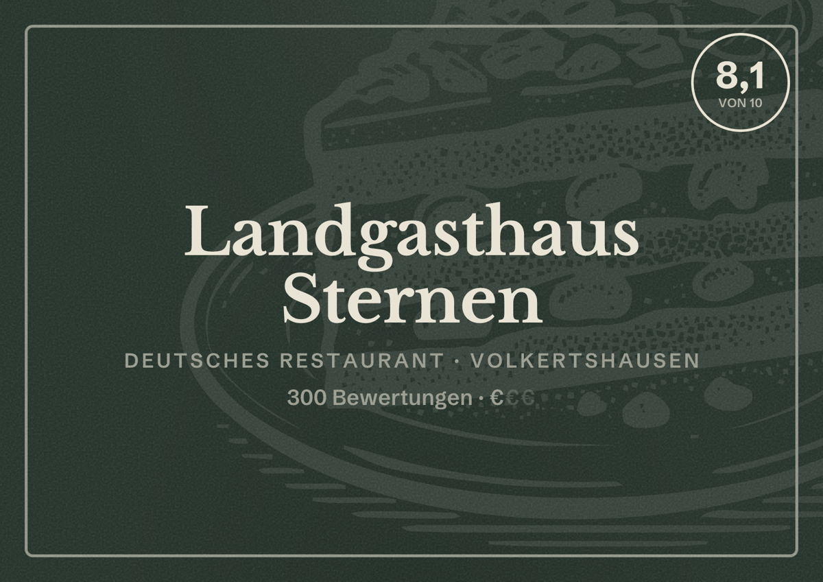 Illustriertes Poster von Landgasthaus Sternen, Deutsches Restaurant in Volkertshausen: Bewertung 8,1 von 10 aus 300 Bewertungen, Preisniveau €