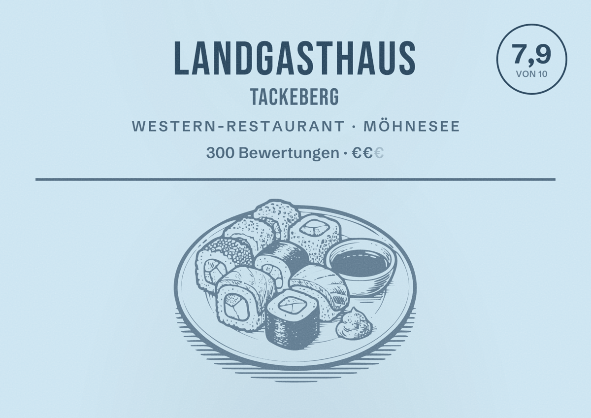 Illustriertes Poster von Landgasthaus Tackeberg, Western-Restaurant in Möhnesee: Bewertung 7,9 von 10 aus 300 Bewertungen, Preisniveau €€