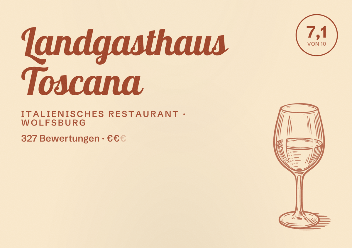 Illustriertes Poster von Landgasthaus Toscana, Italienisches Restaurant in Wolfsburg: Bewertung 7,1 von 10 aus 327 Bewertungen, Preisniveau €€