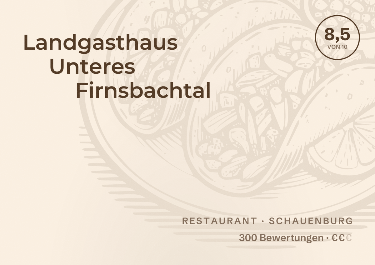 Illustriertes Poster von Landgasthaus Unteres Firnsbachtal, Restaurant in Schauenburg: Bewertung 8,5 von 10 aus 300 Bewertungen, Preisniveau €€