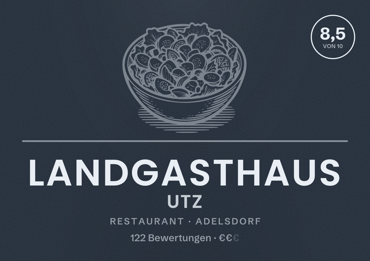 Illustriertes Poster von Landgasthaus Utz, Restaurant in Adelsdorf: Bewertung 8,5 von 10 aus 122 Bewertungen, Preisniveau €€