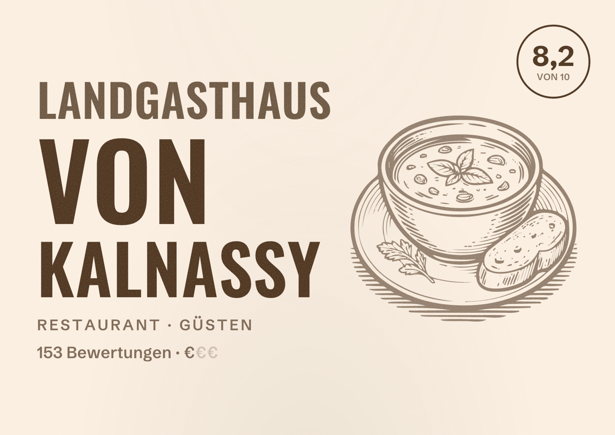 Illustriertes Poster von Landgasthaus von Kalnassy, Restaurant in Güsten: Bewertung 8,2 von 10 aus 153 Bewertungen, Preisniveau €