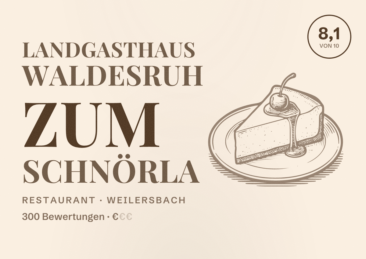 Illustriertes Poster von Landgasthaus Waldesruh zum Schnörla, Restaurant in Weilersbach: Bewertung 8,1 von 10 aus 300 Bewertungen, Preisniveau €