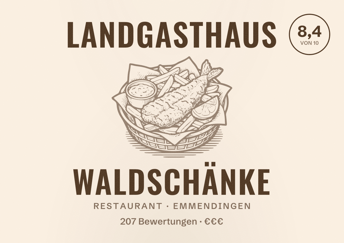 Illustriertes Poster von Landgasthaus Waldschänke, Restaurant in Emmendingen: Bewertung 8,4 von 10 aus 207 Bewertungen, Preisniveau €€€