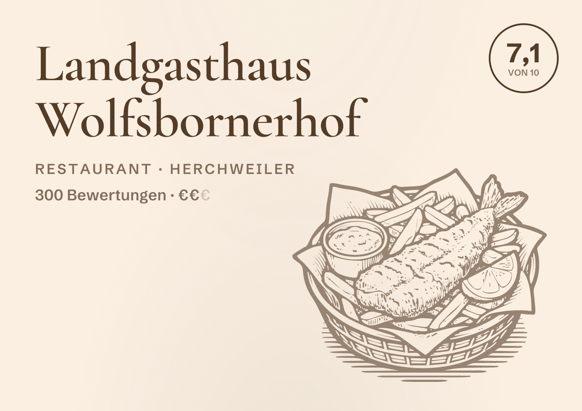 Illustriertes Poster von Landgasthaus Wolfsbornerhof, Restaurant in Herchweiler: Bewertung 7,1 von 10 aus 300 Bewertungen, Preisniveau €€