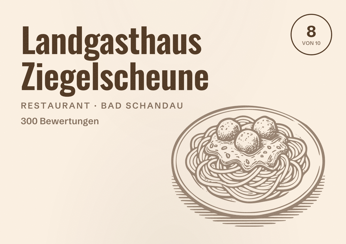 Illustriertes Poster von Landgasthaus Ziegelscheune, Restaurant in Bad Schandau: Bewertung 8 von 10 aus 300 Bewertungen