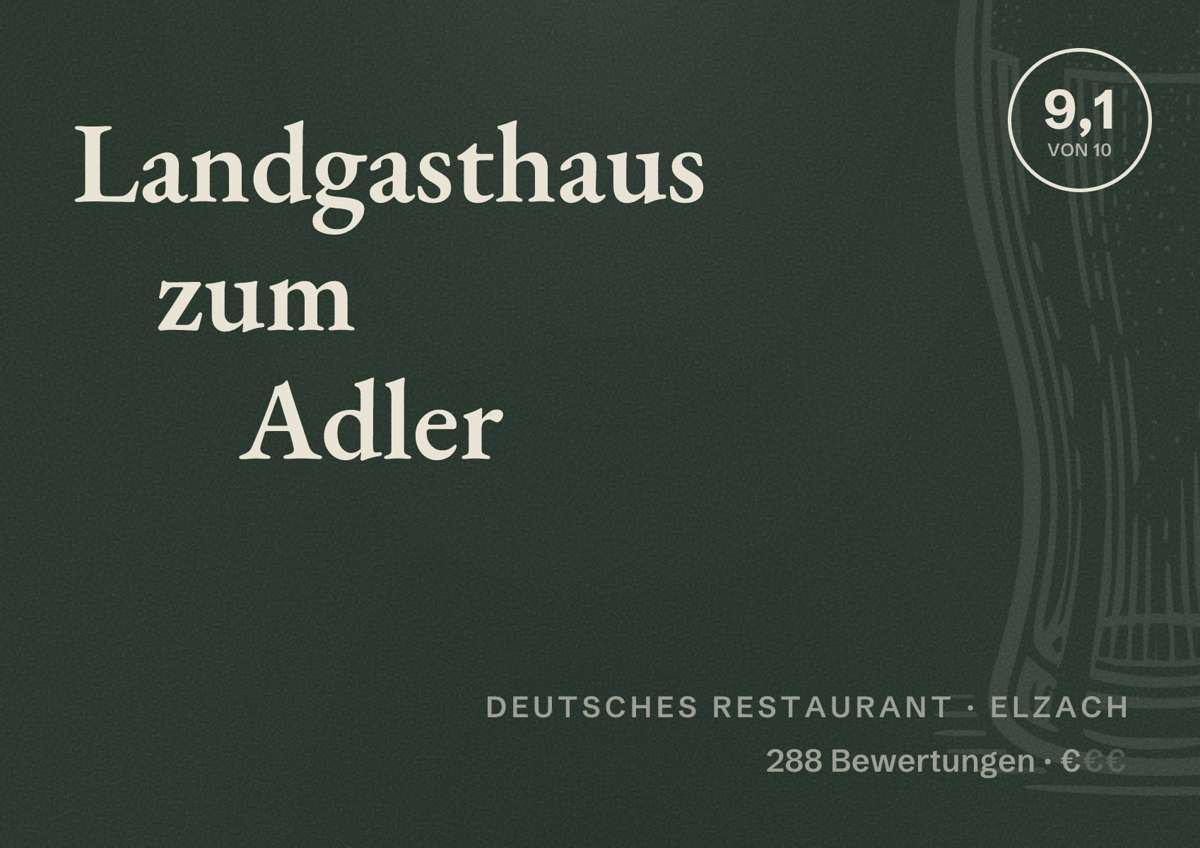 Illustriertes Poster von Landgasthaus zum Adler, Deutsches Restaurant in Elzach: Bewertung 9,1 von 10 aus 288 Bewertungen, Preisniveau €