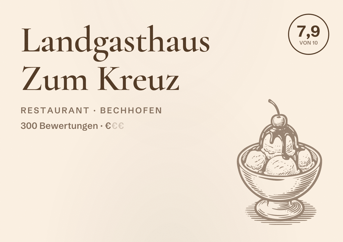 Illustriertes Poster von Landgasthaus Zum Kreuz, Restaurant in Bechhofen: Bewertung 7,9 von 10 aus 300 Bewertungen, Preisniveau €