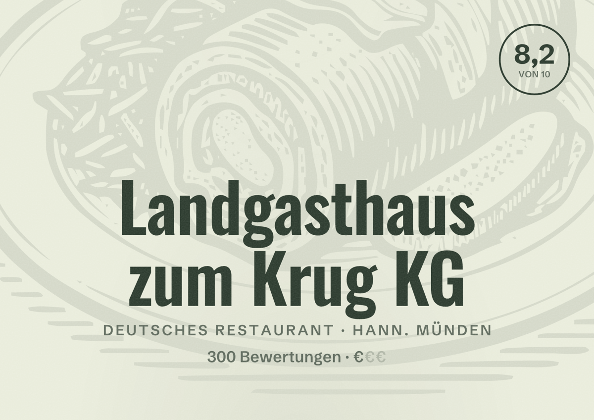 Illustriertes Poster von Landgasthaus zum Krug KG, Deutsches Restaurant in Hann. Münden: Bewertung 8,2 von 10 aus 300 Bewertungen, Preisniveau €