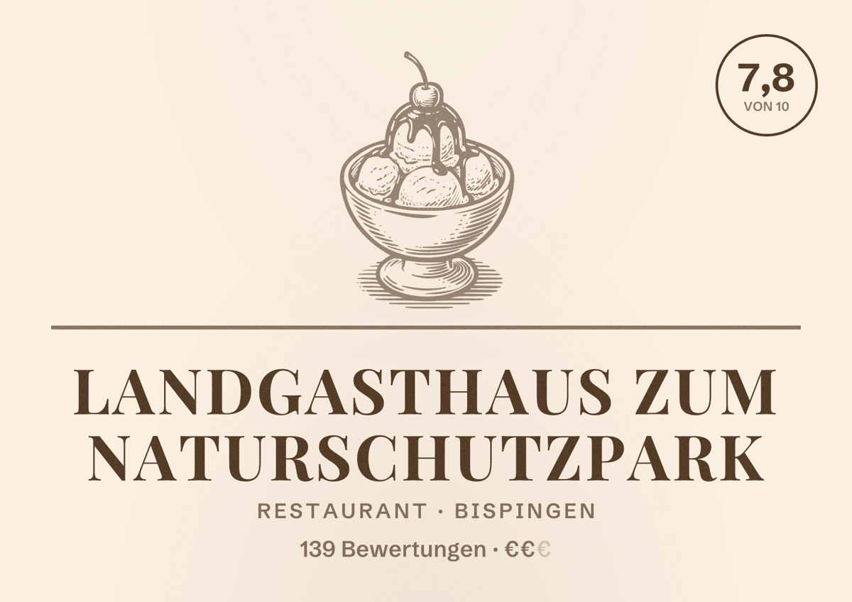 Illustriertes Poster von Landgasthaus Zum Naturschutzpark, Restaurant in Bispingen: Bewertung 7,8 von 10 aus 139 Bewertungen, Preisniveau €€