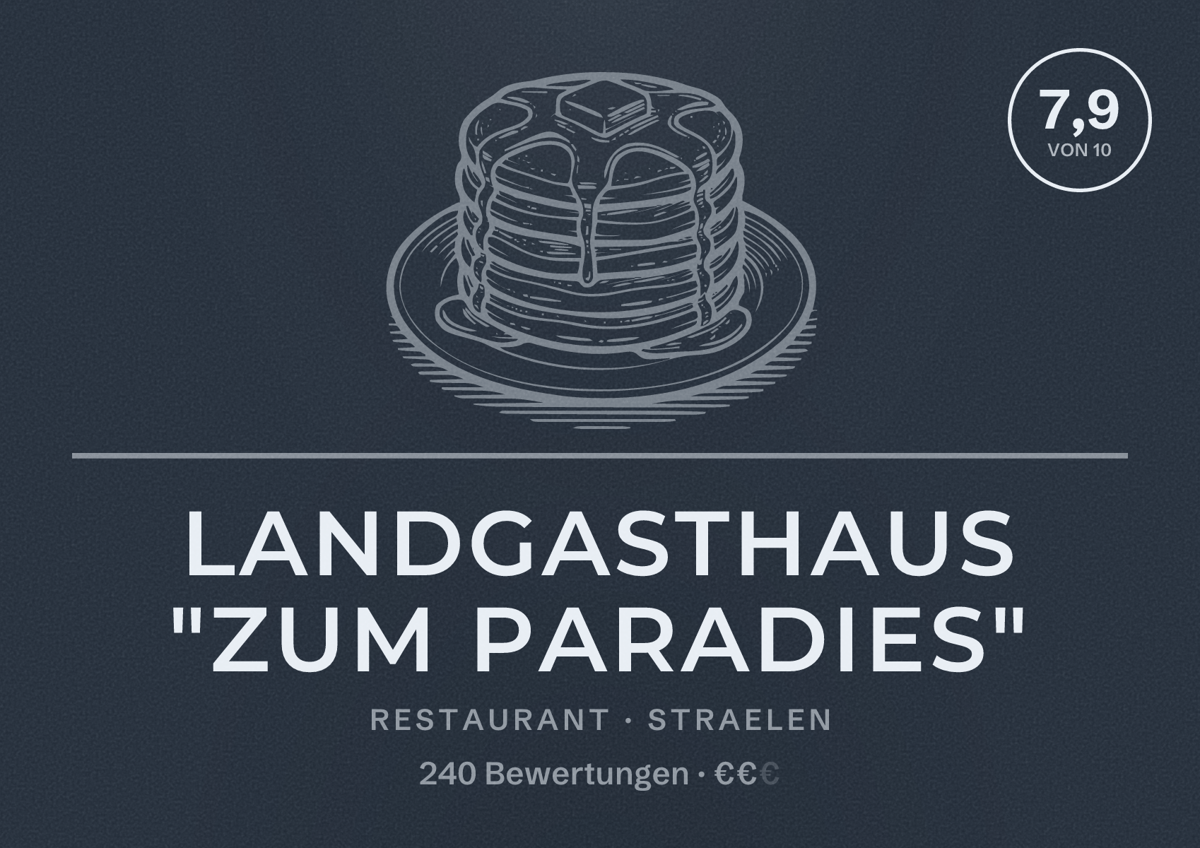 Illustriertes Poster von Landgasthaus "Zum Paradies", Restaurant in Straelen: Bewertung 7,9 von 10 aus 240 Bewertungen, Preisniveau €€