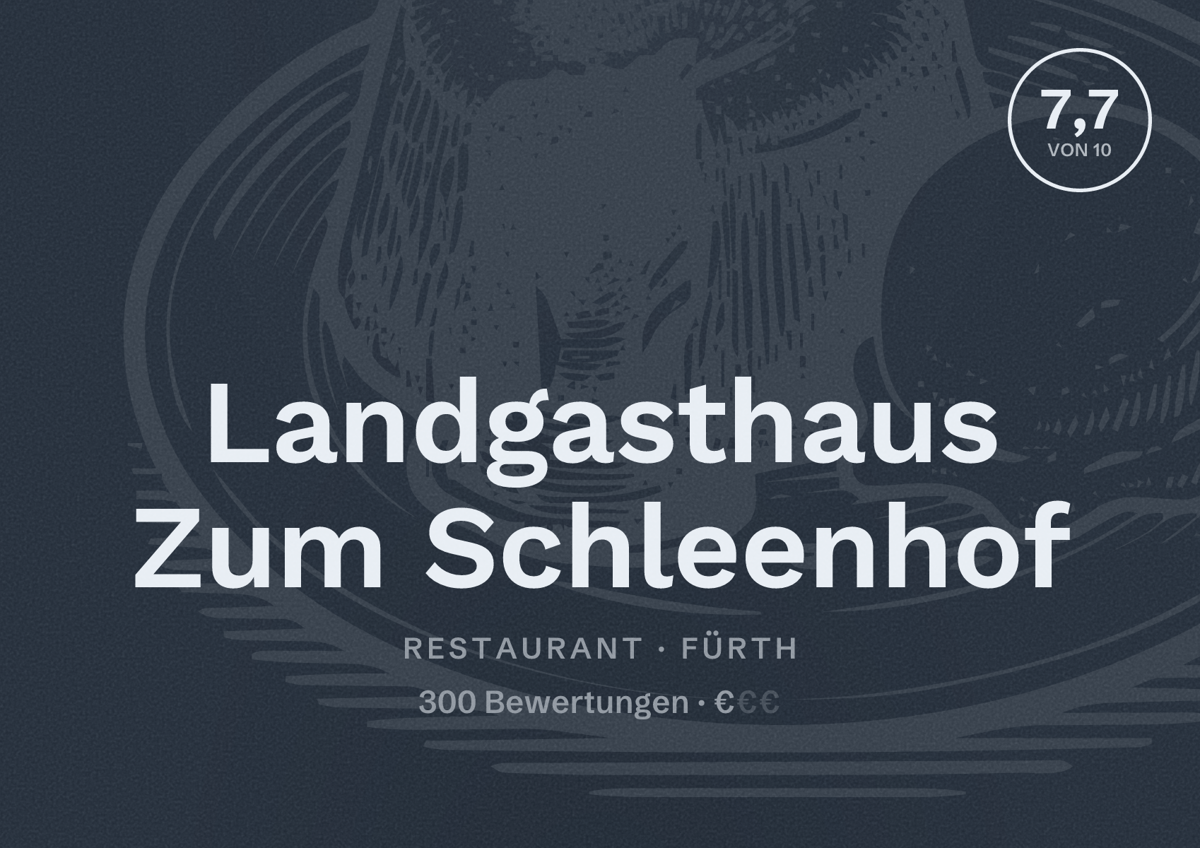 Illustriertes Poster von Landgasthaus Zum Schleenhof, Restaurant in Fürth: Bewertung 7,7 von 10 aus 300 Bewertungen, Preisniveau €