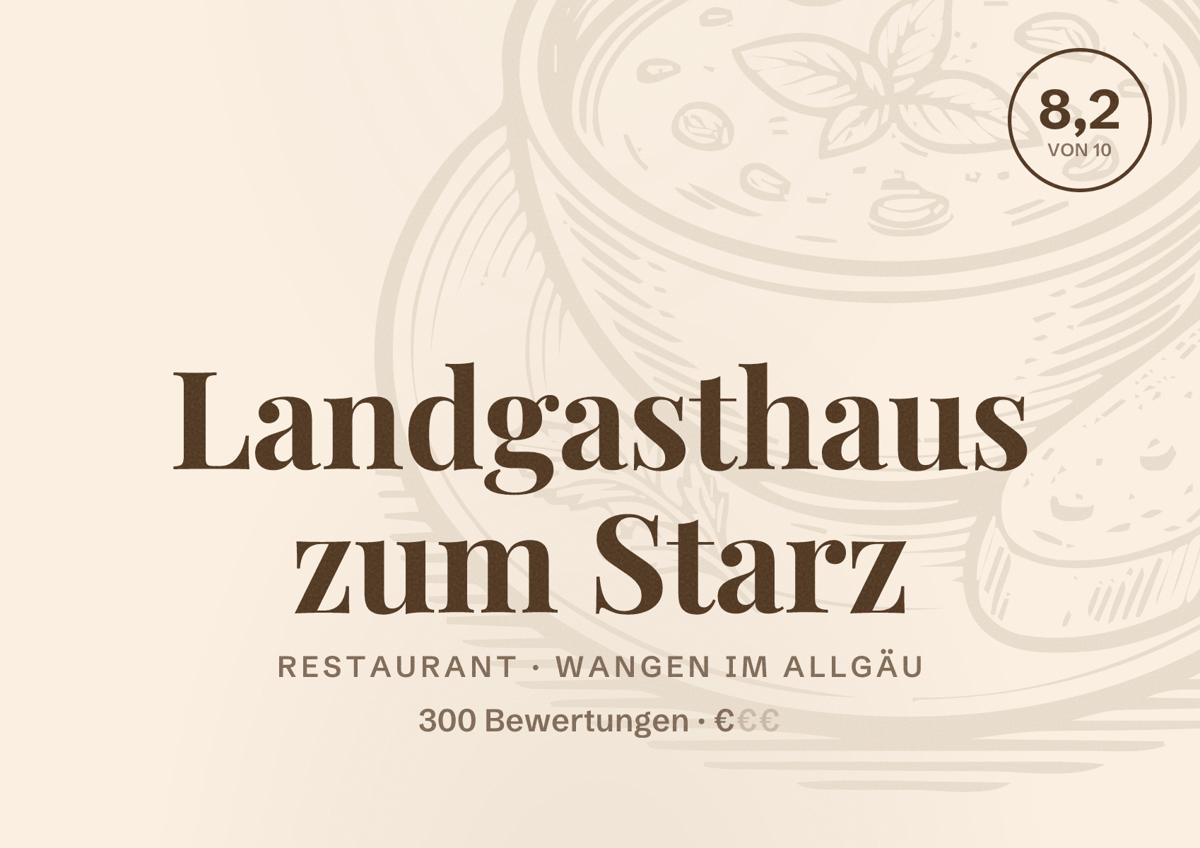 Illustriertes Poster von Landgasthaus zum Starz, Restaurant in Wangen im Allgäu: Bewertung 8,2 von 10 aus 300 Bewertungen, Preisniveau €