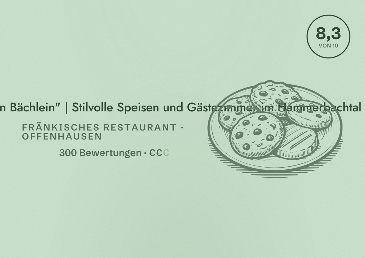 Illustriertes Poster von Landgasthaus "Zum stillen Bächlein" | Stilvolle Speisen und Gästezimmer im Hammerbachtal, Fränkisches Restaurant in Offenhausen: Bewertung 8,3 von 10 aus 300 Bewertungen, Preisniveau €€