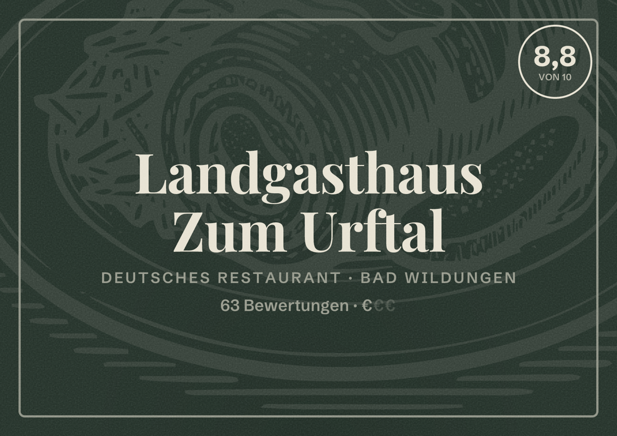 Illustriertes Poster von Landgasthaus Zum Urftal, Deutsches Restaurant in Bad Wildungen: Bewertung 8,8 von 10 aus 63 Bewertungen, Preisniveau €
