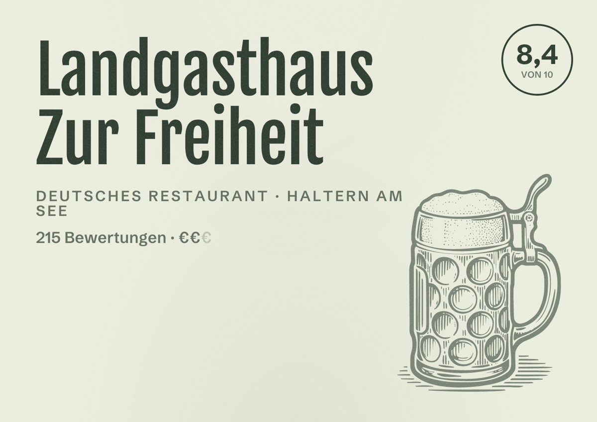 Illustriertes Poster von Landgasthaus Zur Freiheit, Deutsches Restaurant in Haltern am See: Bewertung 8,4 von 10 aus 215 Bewertungen, Preisniveau €€