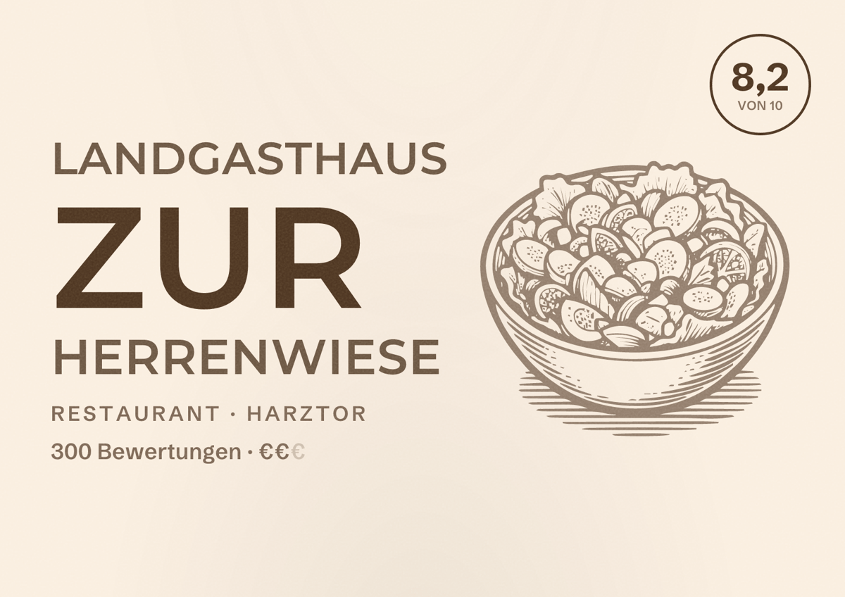 Illustriertes Poster von Landgasthaus Zur Herrenwiese, Restaurant in Harztor: Bewertung 8,2 von 10 aus 300 Bewertungen, Preisniveau €€