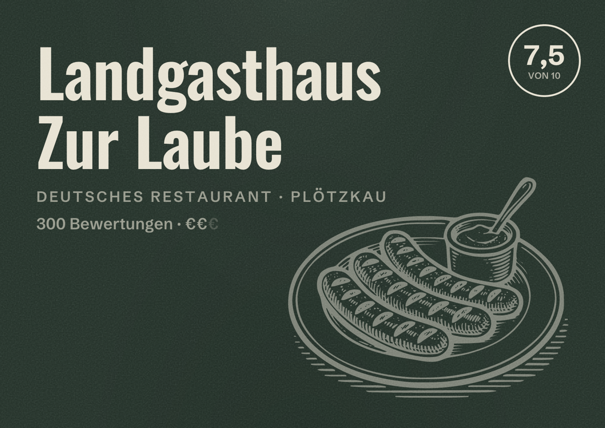 Illustriertes Poster von Landgasthaus Zur Laube, Deutsches Restaurant in Plötzkau: Bewertung 7,5 von 10 aus 300 Bewertungen, Preisniveau €€