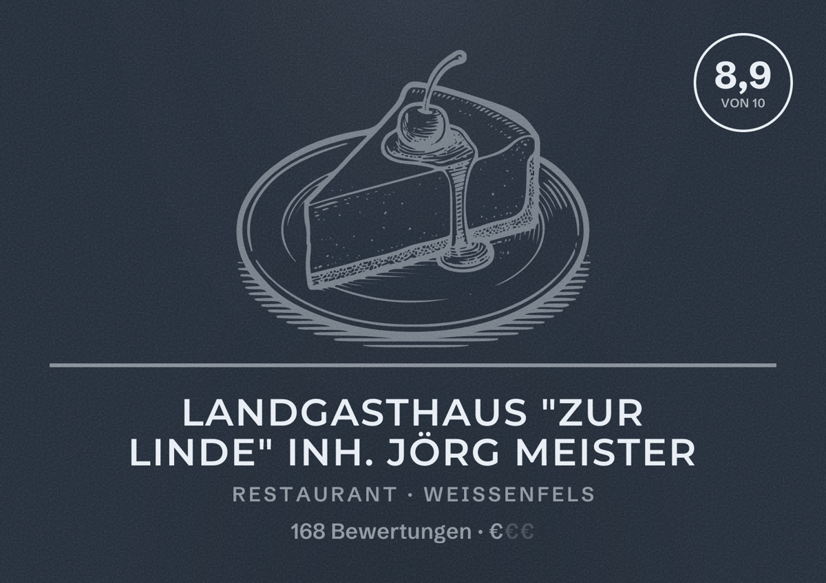 Illustriertes Poster von Landgasthaus "Zur Linde" Inh. Jörg Meister, Restaurant in Weißenfels: Bewertung 8,9 von 10 aus 168 Bewertungen, Preisniveau €