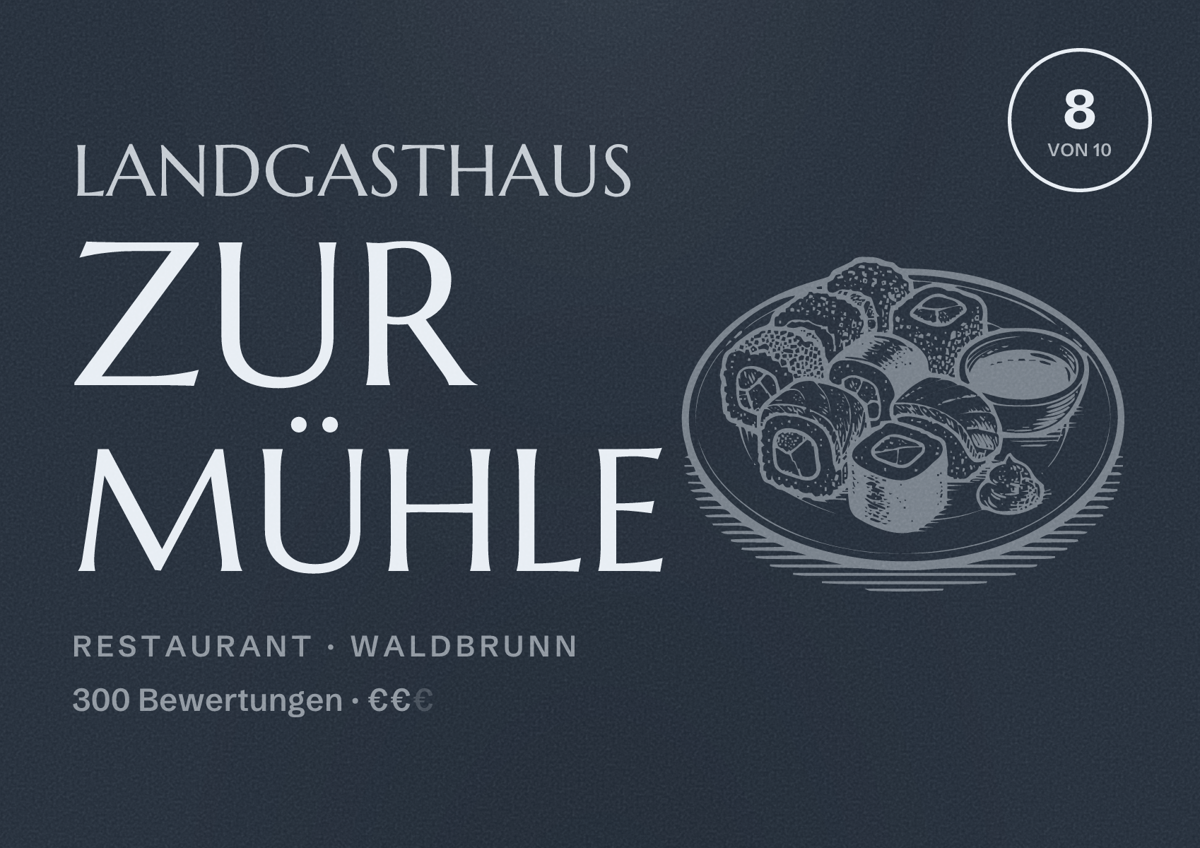 Illustriertes Poster von Landgasthaus zur Mühle, Restaurant in Waldbrunn: Bewertung 8 von 10 aus 300 Bewertungen, Preisniveau €€