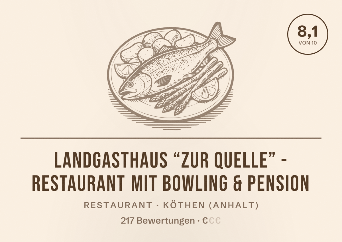 Illustriertes Poster von Landgasthaus “Zur Quelle” - Restaurant mit Bowling & Pension, Restaurant in Köthen (Anhalt): Bewertung 8,1 von 10 aus 217 Bewertungen, Preisniveau €