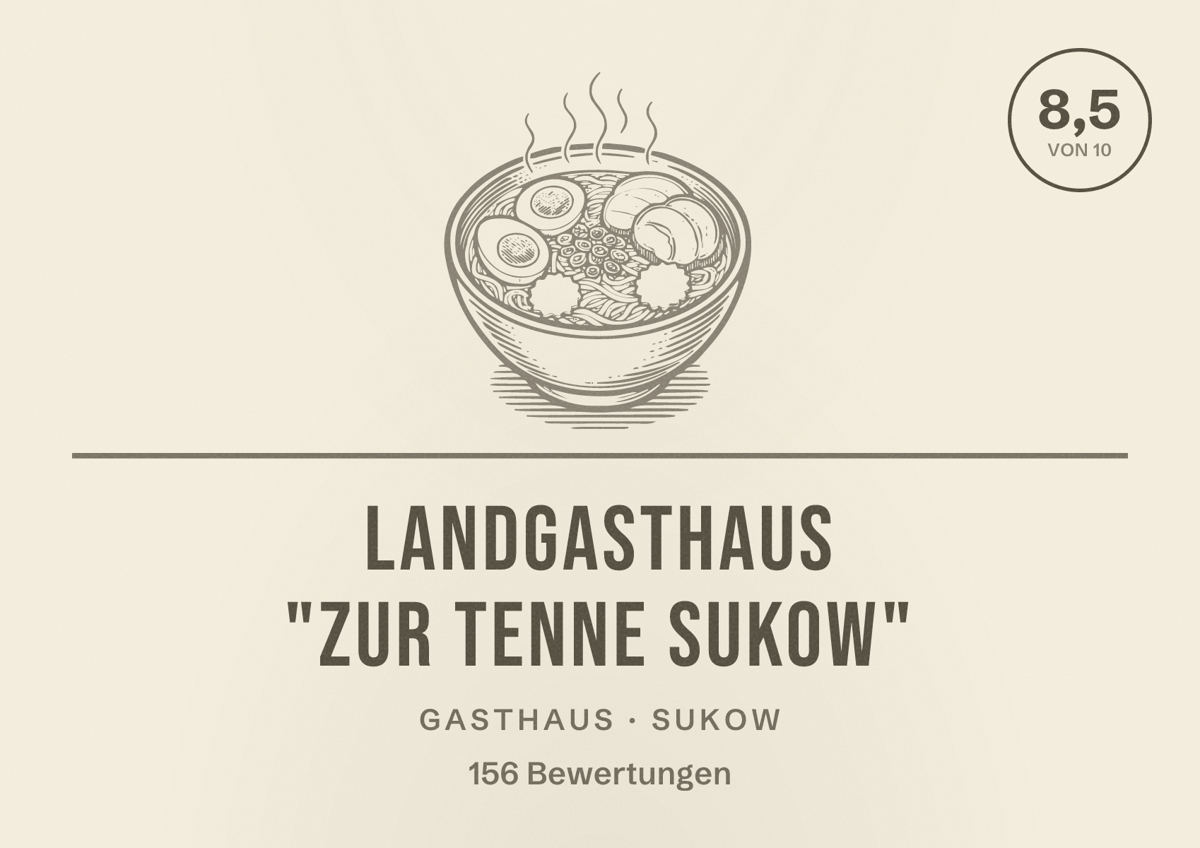 Illustriertes Poster von Landgasthaus "Zur Tenne Sukow", Gasthaus in Sukow: Bewertung 8,5 von 10 aus 156 Bewertungen