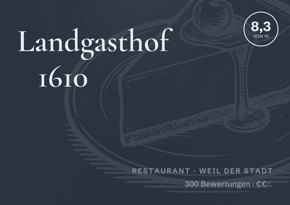 Illustriertes Poster von Landgasthof 1610, Restaurant in Weil der Stadt: Bewertung 8,3 von 10 aus 300 Bewertungen, Preisniveau €€