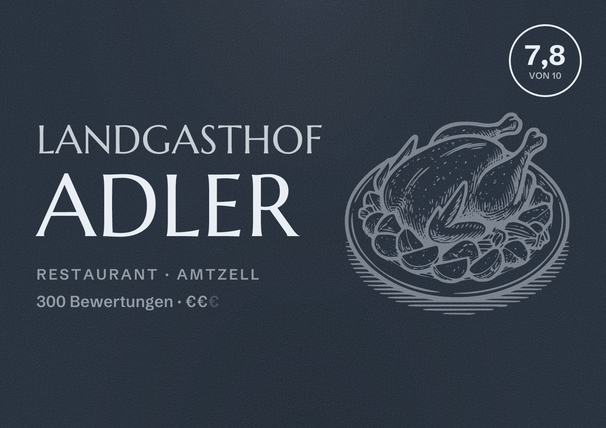 Illustriertes Poster von Landgasthof Adler, Restaurant in Amtzell: Bewertung 7,8 von 10 aus 300 Bewertungen, Preisniveau €€