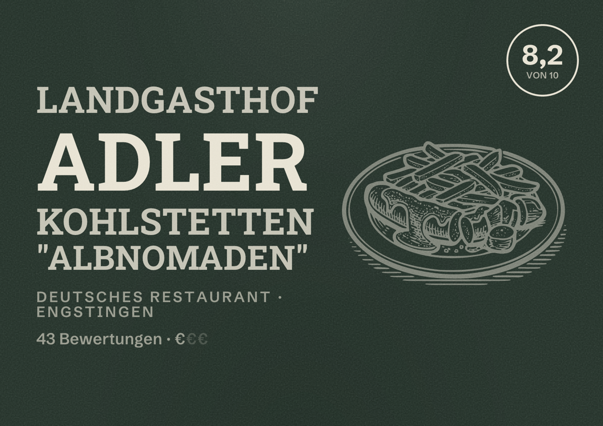 Illustriertes Poster von Landgasthof Adler Kohlstetten "Albnomaden", Deutsches Restaurant in Engstingen: Bewertung 8,2 von 10 aus 43 Bewertungen, Preisniveau €