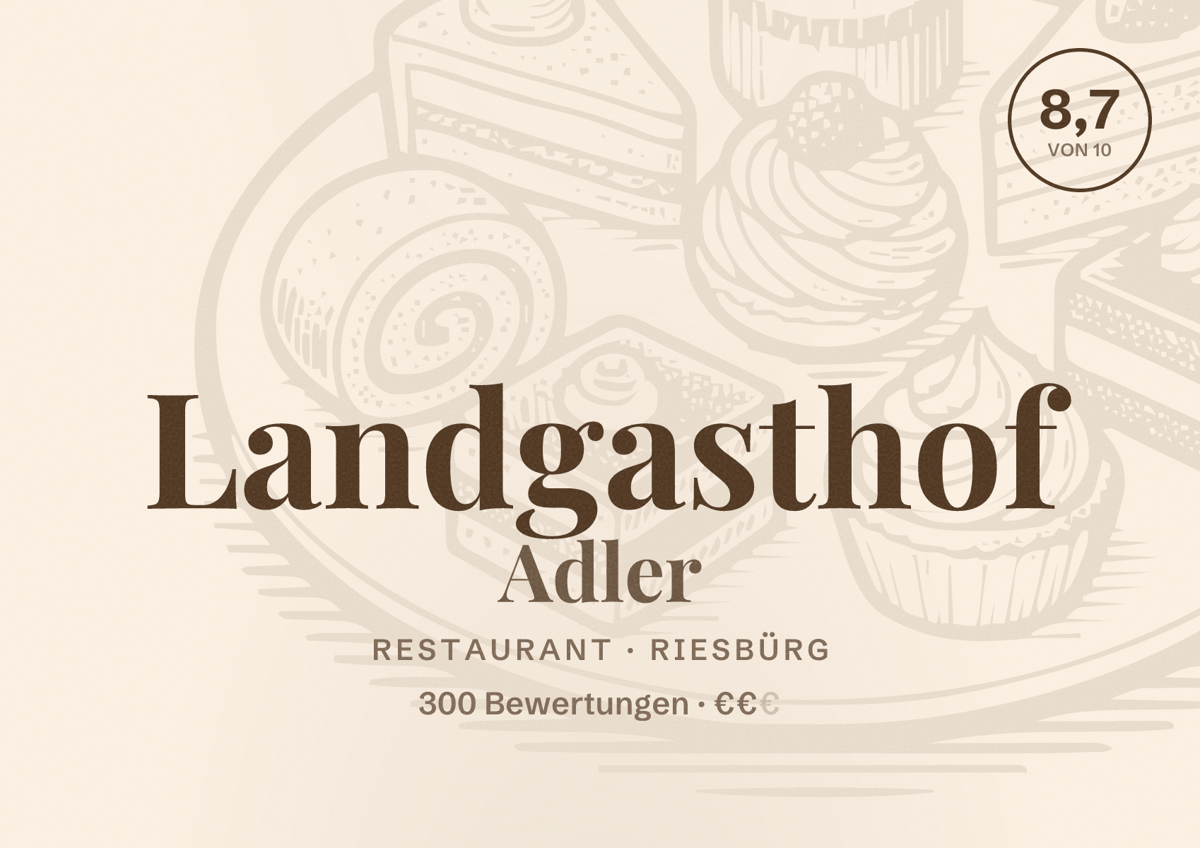 Illustriertes Poster von Landgasthof Adler, Restaurant in Riesbürg: Bewertung 8,7 von 10 aus 300 Bewertungen, Preisniveau €€