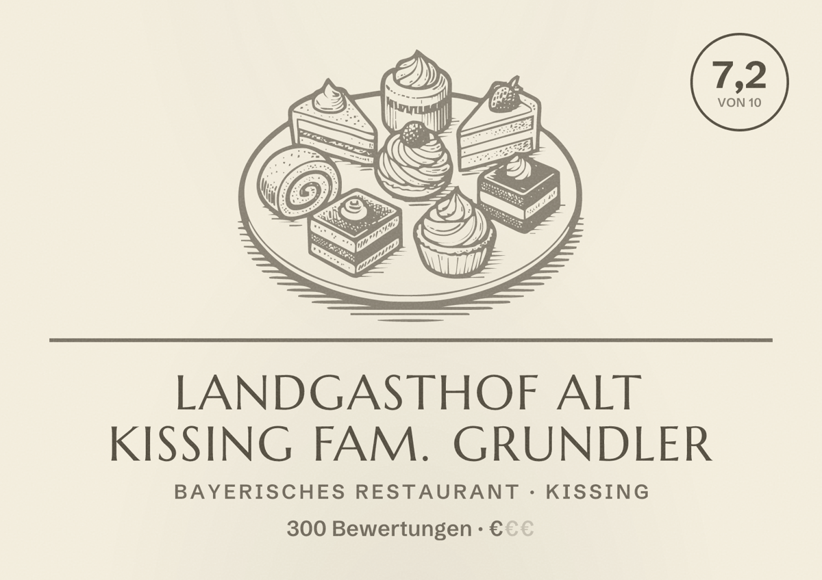 Illustriertes Poster von Landgasthof Alt Kissing Fam. Grundler, Bayerisches Restaurant in Kissing: Bewertung 7,2 von 10 aus 300 Bewertungen, Preisniveau €