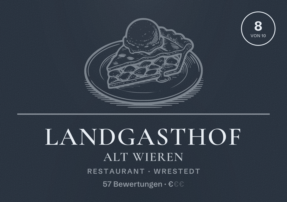 Illustriertes Poster von Landgasthof Alt Wieren, Restaurant in Wrestedt: Bewertung 8 von 10 aus 57 Bewertungen, Preisniveau €