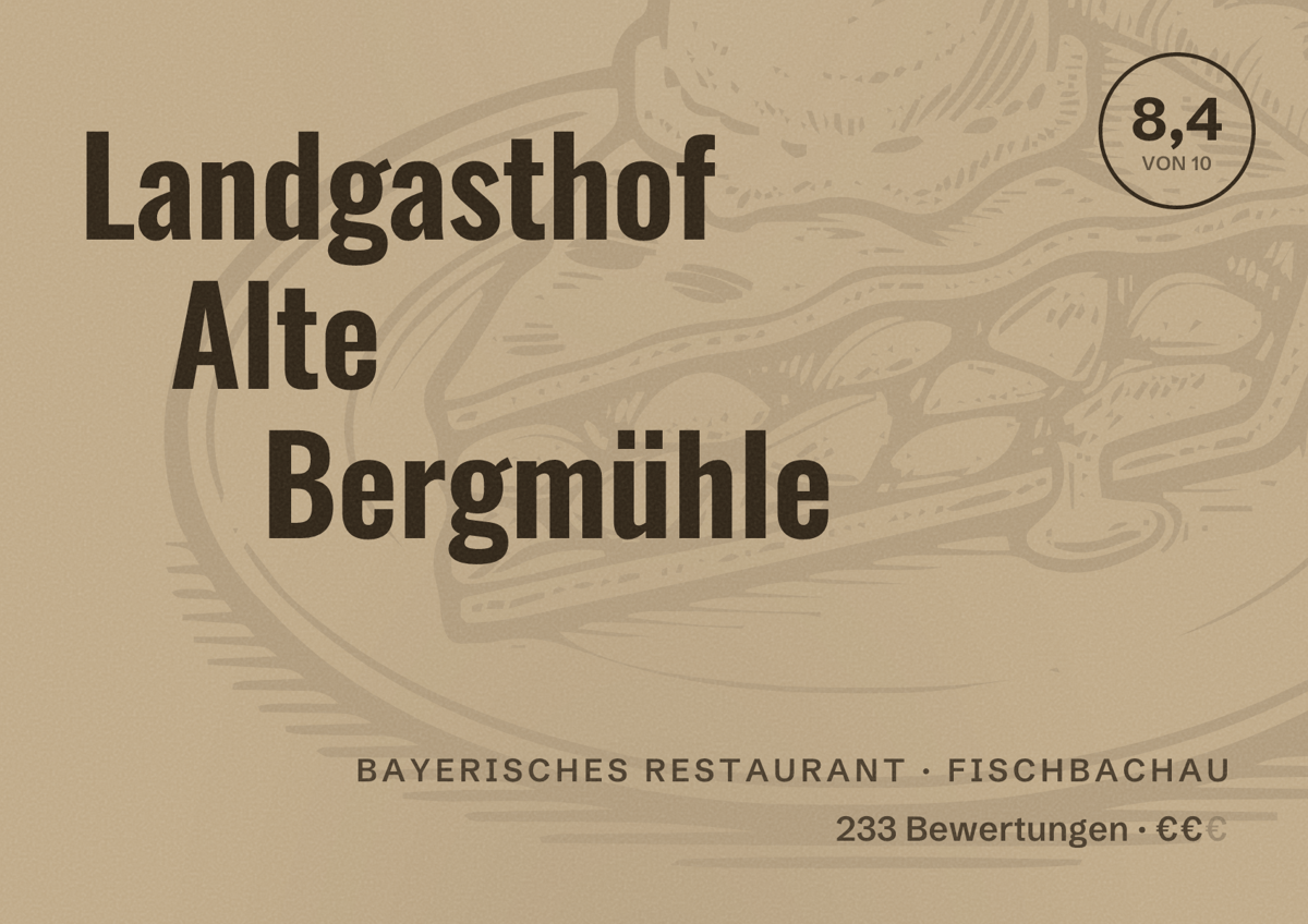 Illustriertes Poster von Landgasthof Alte Bergmühle, Bayerisches Restaurant in Fischbachau: Bewertung 8,4 von 10 aus 233 Bewertungen, Preisniveau €€
